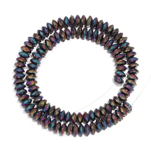 Close-up detail of electroplated rainbow hematite faceted abacus beads for DIY jewelry making.