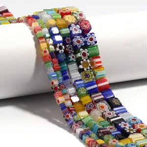 Colorful millefiori glass square beads for DIY handmade bracelets, necklaces, and jewelry making accessories.