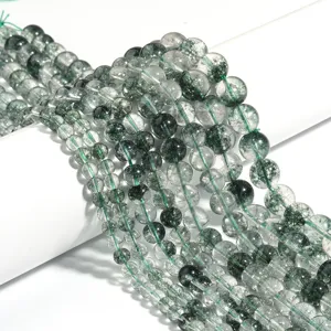 Polished Green Crystal Loose Beads Olive Crackled Quartz Phantom Round Beads Strand For Handmade DIY Bracelet Jewelry Making Material Supplies