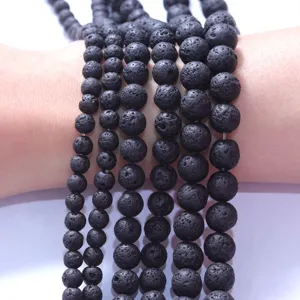 Natural black lava rock stone round beads strands for DIY bracelets and jewelry making.
