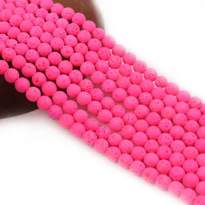Hot pink lava rock stone beads strand for handmade DIY jewelry making and bracelets detail view