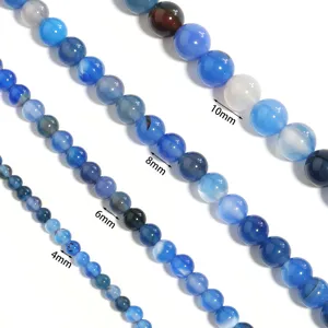 Blue agate gemstone beads detail view, smooth round semi-finished loose beads for DIY jewelry making