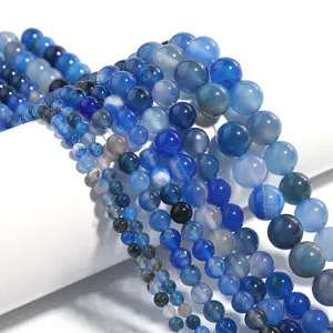 Royal Blue Agate Stone Round Loose Beads Polished Natural Gemstone Beads For DIY Jewelry Bracelet Necklace Making Accessories