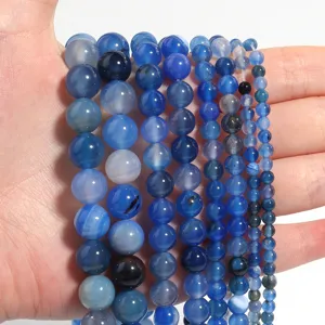 Blue agate beads round loose gemstone beads for DIY handmade jewelry necklace bracelet