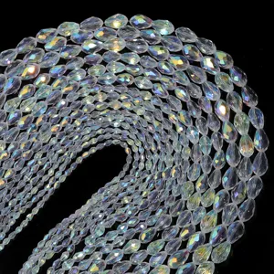 Faceted teardrop AB crystal loose beads detail showing transparent jewelry making accessories.