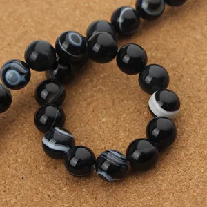 Perle di agata a righe nere, perline tonde in pietra naturale per accessori di gioielleria.