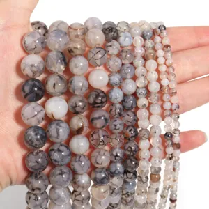 Natural black and white dragon vein agate round beads loose gemstone semi-finished diy jewelry