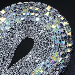 Faceted crystal cube beads with AB coating, transparent glass DIY bracelet jewelry making accessories.