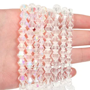 Faceted crystal beads detail view, AB coated clear rhinestone strand for DIY jewelry making.
