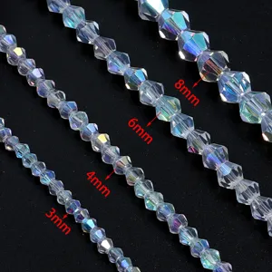 Faceted AB coated crystal beads detail shot showing various sizes from 3mm to 8mm for DIY jewelry.
