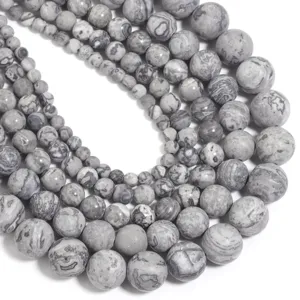 Natural grey picture jasper gemstone round beads loose strands for DIY jewelry making design.