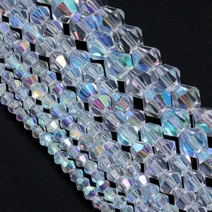 Faceted crystal AB color beads close-up, shiny transparent loose beads for jewelry accessories.