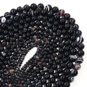 Perline tonde in agata nera strizzata naturale per accessori di gioielli DIY bracciali.