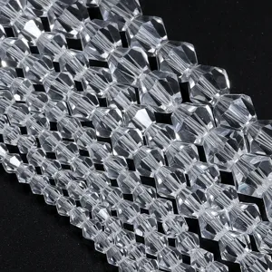 Close-up detail of clear faceted crystal loose beads strung neatly for DIY jewelry.