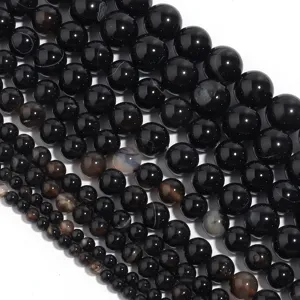Natural black agate round beads loose gemstone strands for DIY jewelry making and crafting.