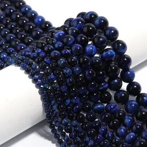 Perles Rondes en Pierre Naturelle Oeil de Tigre Bleu Poli Perles Lisses pour la Fabrication de Bijoux DIY Bracelets Colliers