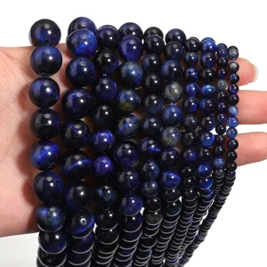 Perles de œil de tigre bleu rondes brins de pierres précieuses pour fabrication de bijoux DIY.