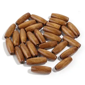 Close-up of brown wooden barrel beads, ideal for DIY bracelets, necklaces, and crafts.