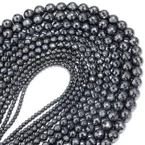 Natural black hematite faceted round beads 128 facets DIY jewelry making supplies