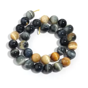 Details of natural blue and yellow tiger eye gemstone round beads for DIY handmade jewelry.