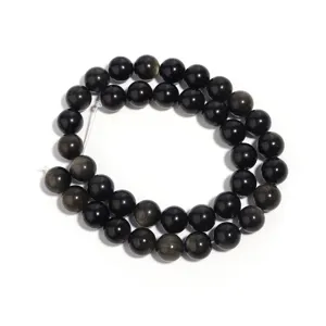 Natural golden obsidian round gemstone beads strand detail view DIY jewelry making component