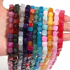 Square dragon vein agate beads detail shot, colorful stone bead strands for DIY jewelry making.