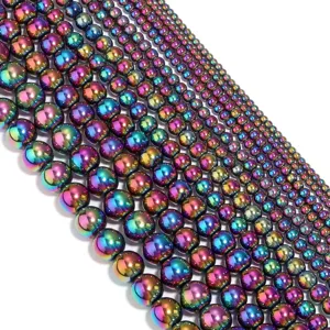 Rainbow electroplated hematite round beads, multi-size smooth loose spacer beads for jewelry.