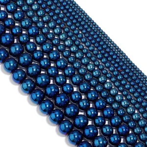 Premium blue metallic hematite round beads, smooth loose spacer beads for DIY jewelry making.
