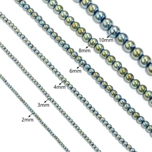 Multi-size electroplated hematite round beads, smooth loose beads for jewelry making.
