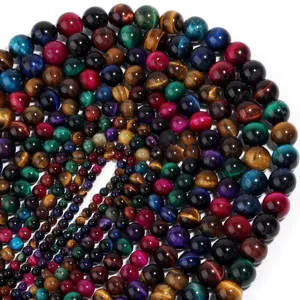 Colorful tiger eye stone round beads detail, perfect for DIY handmade bracelets and jewelry.
