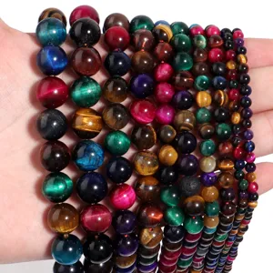 Multicolor tiger eye stone beads close up, vibrant round gemstone details for DIY jewelry making.