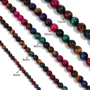 Colorful tiger eye gemstone round beads in various sizes for DIY jewelry making and bracelet design.