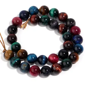 Colorful tiger eye gemstone round beads detail view for DIY handmade jewelry crafting accessories.