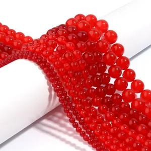 Natural Red Chalcedony Loose Beads Round Semi-Precious Drilled Stone Strand For DIY Bracelet Necklace Jewelry Making Finding Craft
