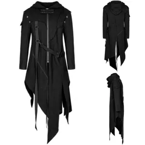 Men Gothic Punk Trench Coat Asymmetric Hem Hooded Windbreaker Long Jacket Halloween Cosplay Outfit Black Cotton Blend Top