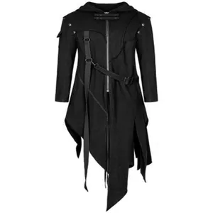 Macro view of black men's techwear trench coat featuring buckles and an irregular hemline