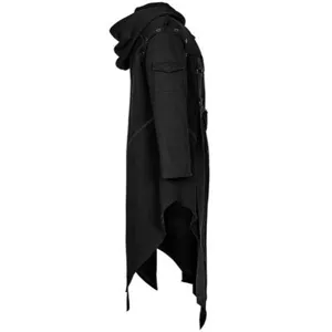 Side view detail of a men's black irregular gothic hooded windbreaker jacket
