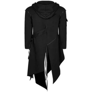 Detailed back view of men's black irregular asymmetric hooded cosplay trench coat jacket