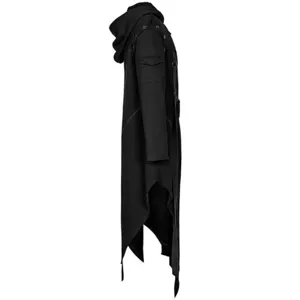 Men's gothic black long hooded trench coat with irregular hem and sleeve pocket.