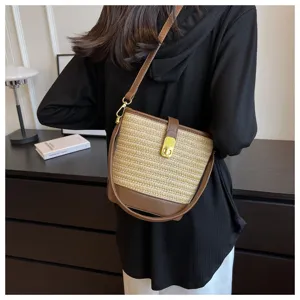 Borsa a secchiello retrò in paglia intrecciata con finiture in pelle, vista sul retro