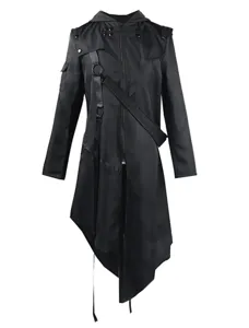 Men's gothic black asymmetrical hooded windbreaker with strap details and D-rings