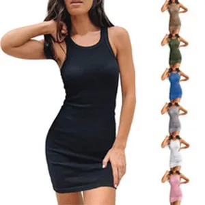 Detail view showing the variety of colors for this ribbed bodycon tank mini dress