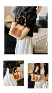 Detailed view of the stylish straw woven handbag with brown leather trim and comfortable handle.