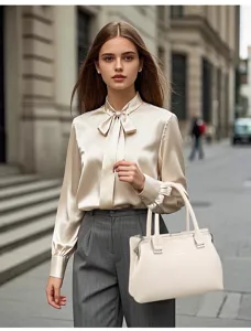 Close-up scene of a stylish beige kiss-lock handbag with vertical texture, held by an elegant model.