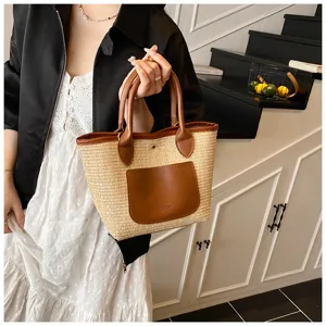Women straw woven handbag fashion commuter casual top handle shoulder bucket bag stylish