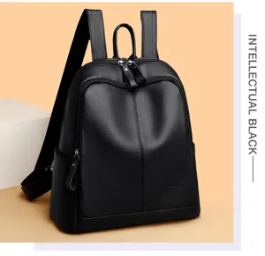 Classic black lychee pattern soft leather backpack for women, stylish and casual daily wear.