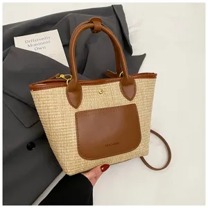 Straw bucket bag for women stylish PU leather patchwork top handle crossbody bag daily commute.