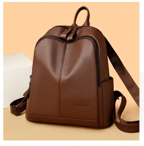 Stylish women brown leather backpack casual travel daypack vintage soft school bag large capacity