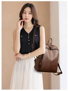 Women casual soft leather backpack with stylish design, perfect for travel and daily use.