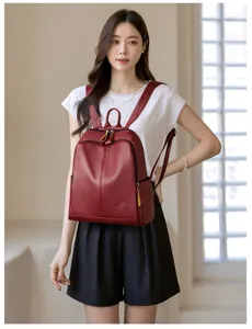 Women litchi pattern soft leather backpack casual stylish travel bag travel rucksack daily use